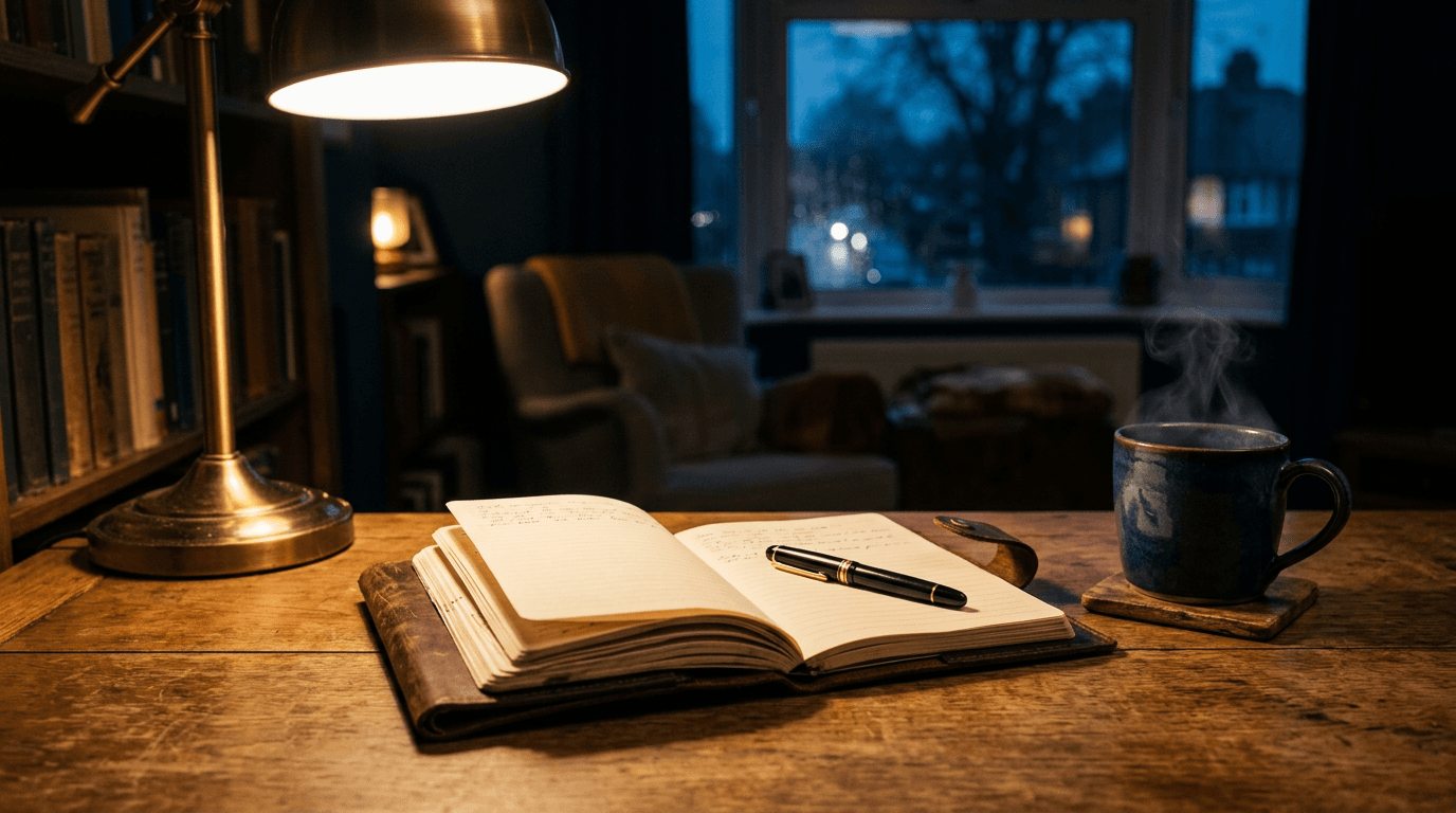 Open journal and warm lamplight suggesting reflection and fatherhood