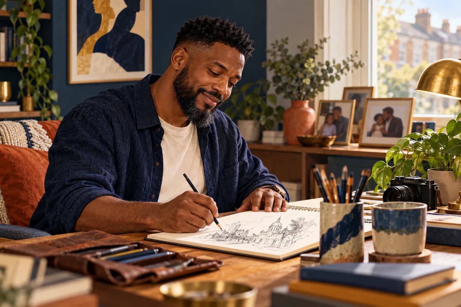 Editorial illustration: An adult Black father rediscovering an old creative interest, sketching at a home desk with family photos softly out of focus.